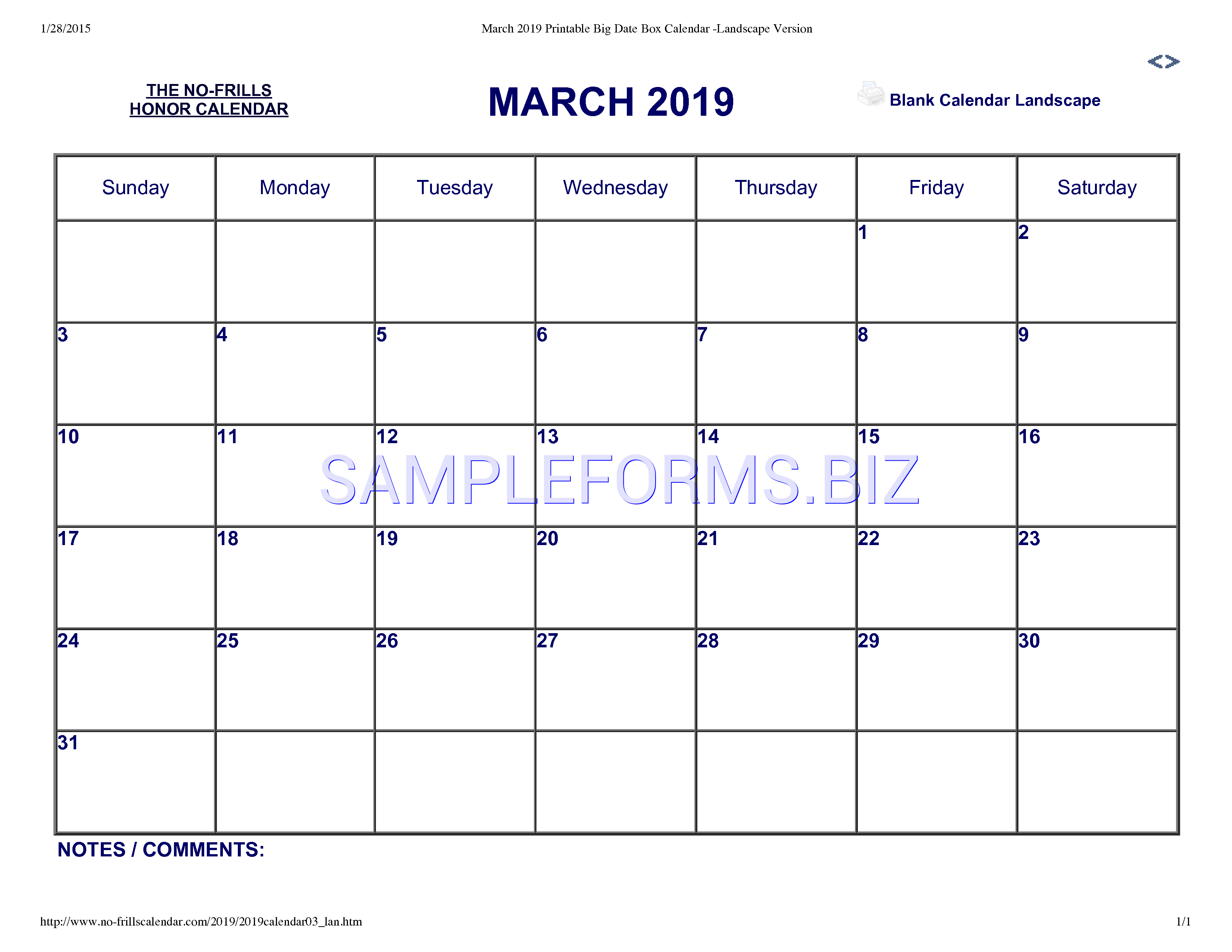 Preview free downloadable March 2019 Calendar 3 in PDF (page 1)